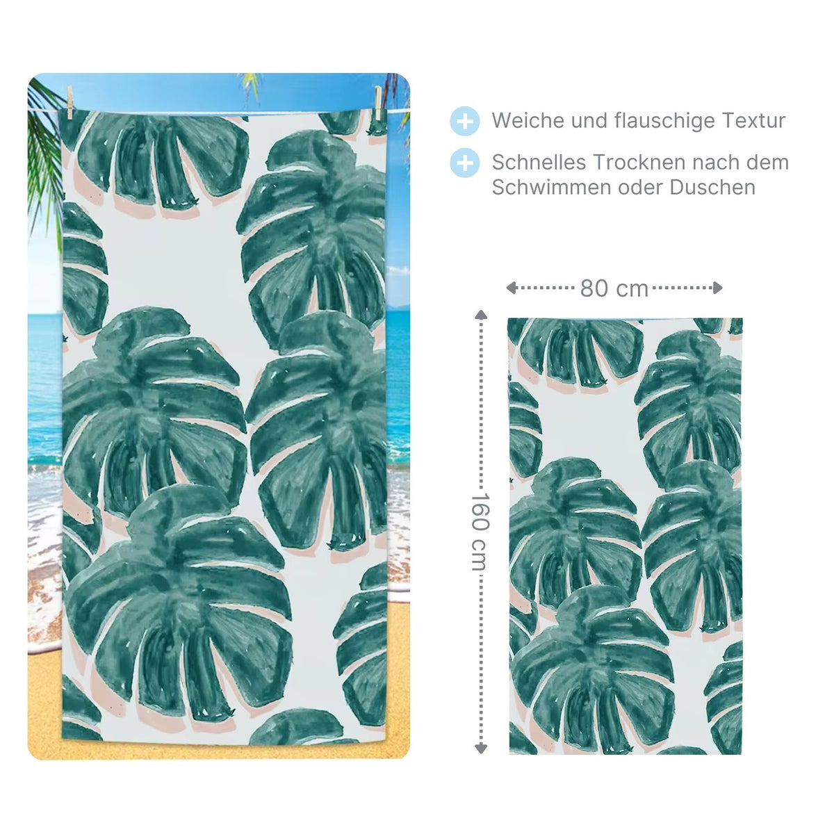 Strandtuch Monstera Strandlaken Badetuch Liegetuch Handtuch