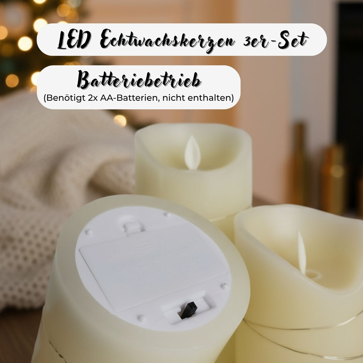 3er-Set LED Echtwachskerze mit Lichterkette Elektronische Stumpenkerze