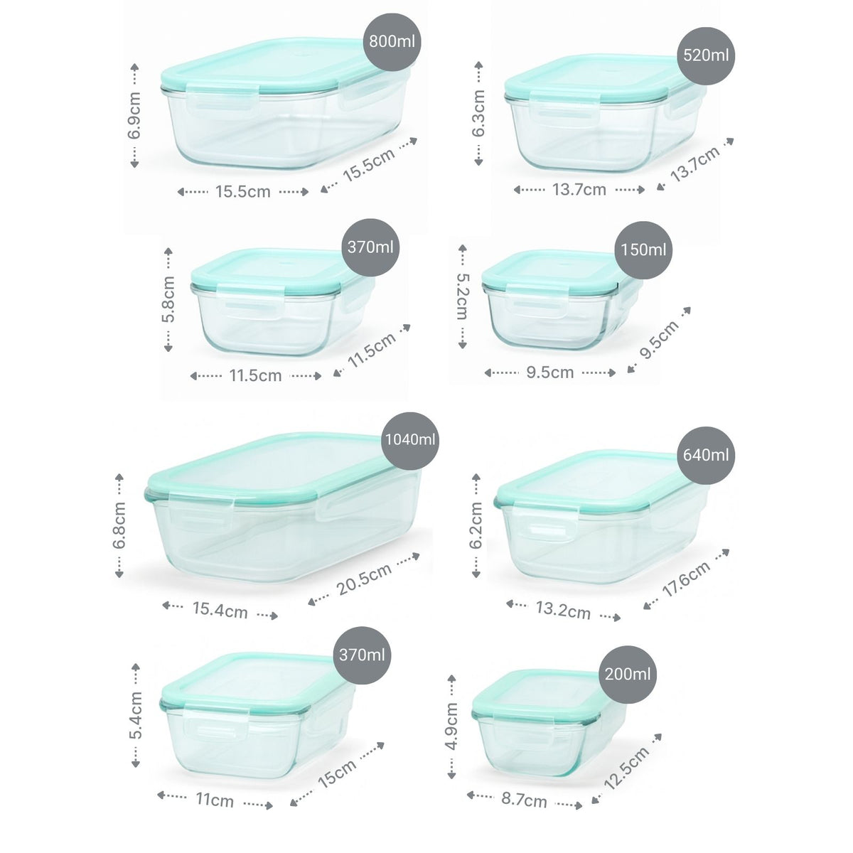 8er Set Glas-Vorratsdosen mit Deckel Frischhaltedosen Meal-Prep-Boxen