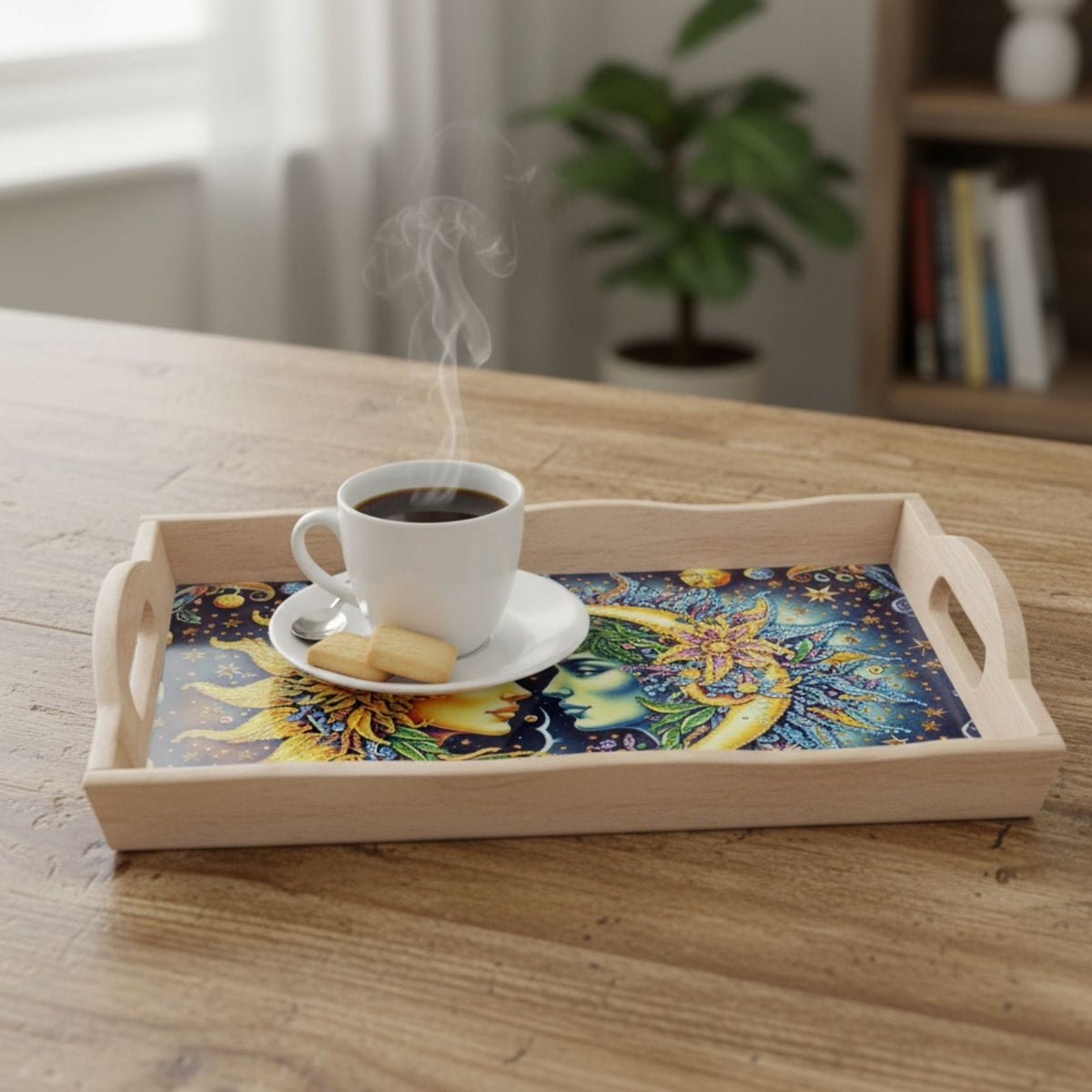 Diamond Painting Serviertablett Sonne Mond Holztablett Servierplatte