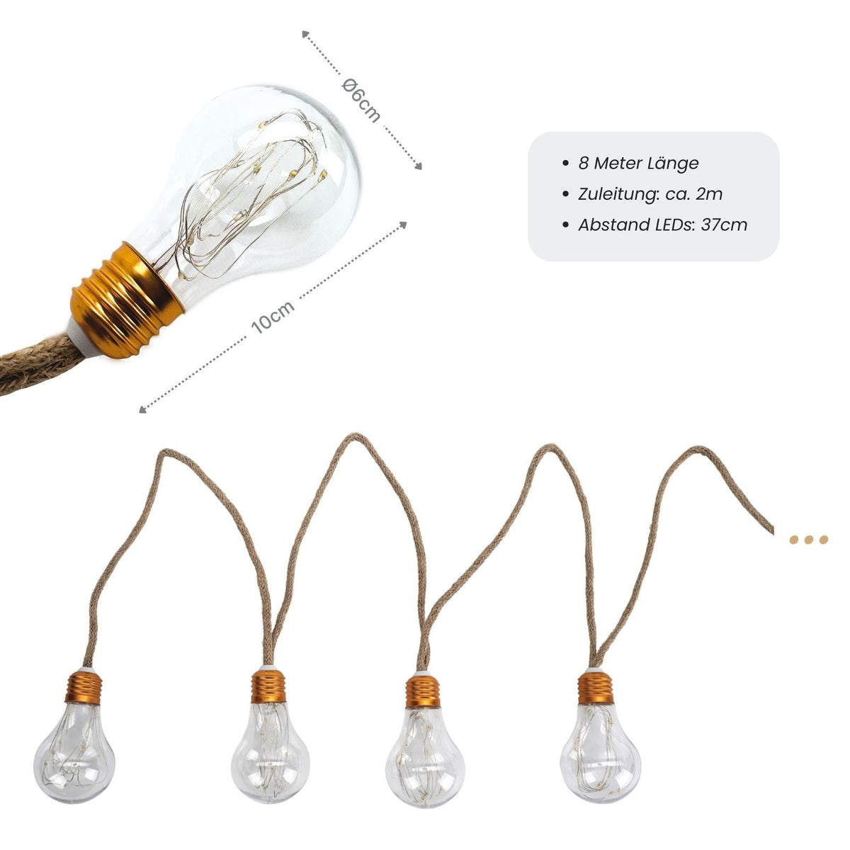 LED-Hanfseil-Dekoleuchte 8m Solarleuchte Gartenbeleuchtung Gartenlicht
