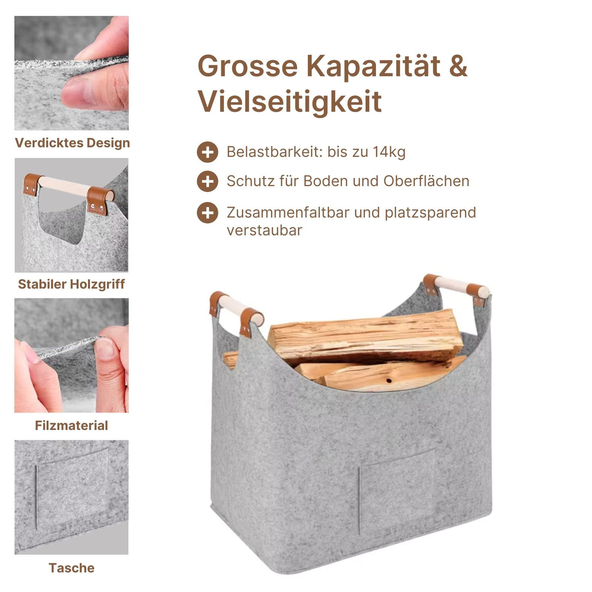 Kaminkorb Filzkorb Holzkorb Brennholz-Tasche Filz-Aufbewahrungskorb