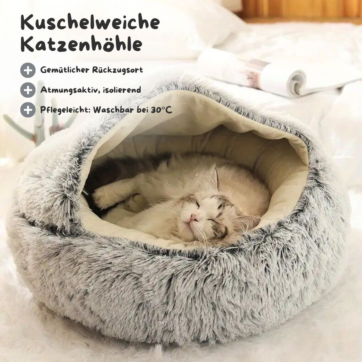 Flauschige Katzenhöhle mit Katzenangel mit Federanhänger 10-tlg.