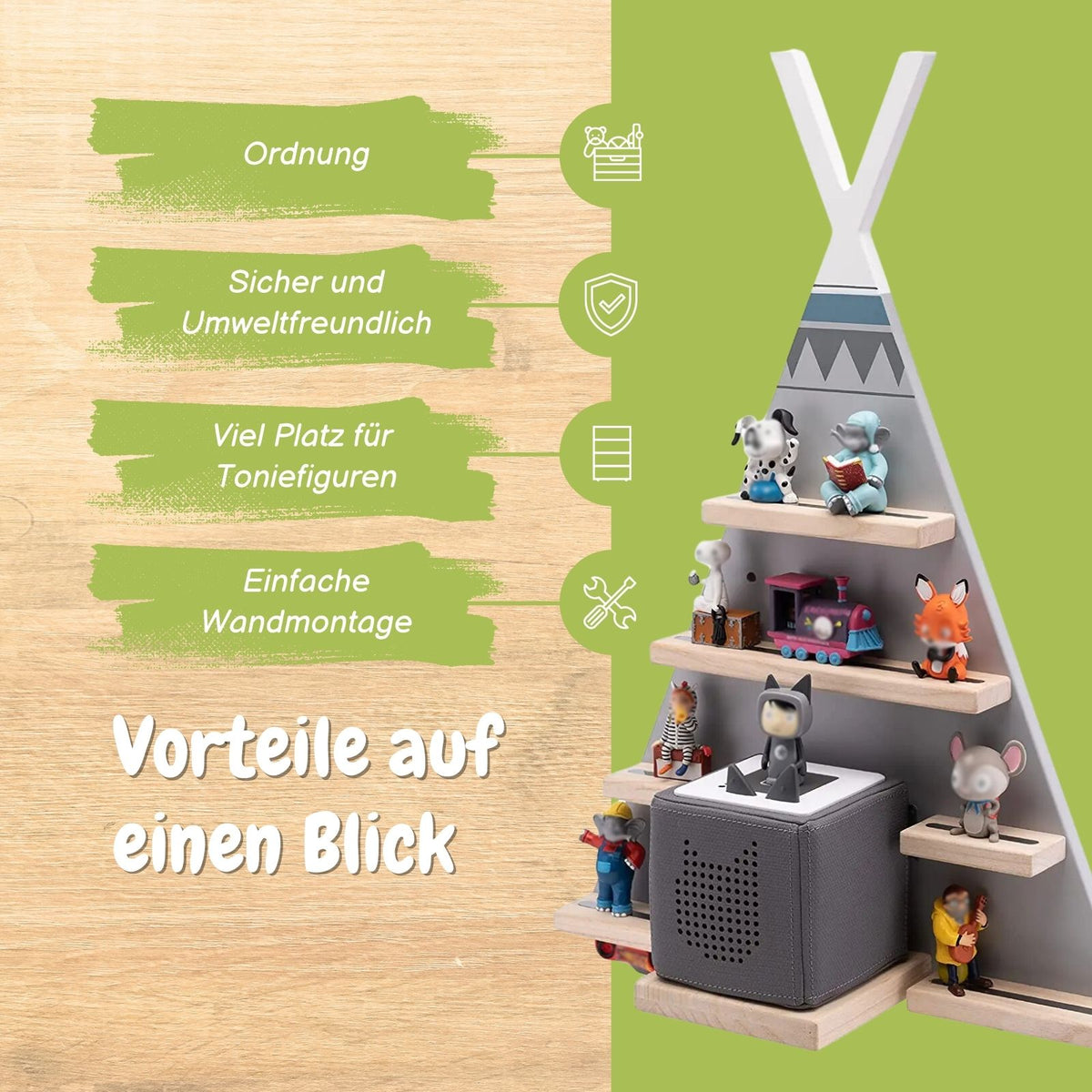 Tipi-Wandregal für Toniebox und Toniefiguren Holzregal Spielzeug-Organizer