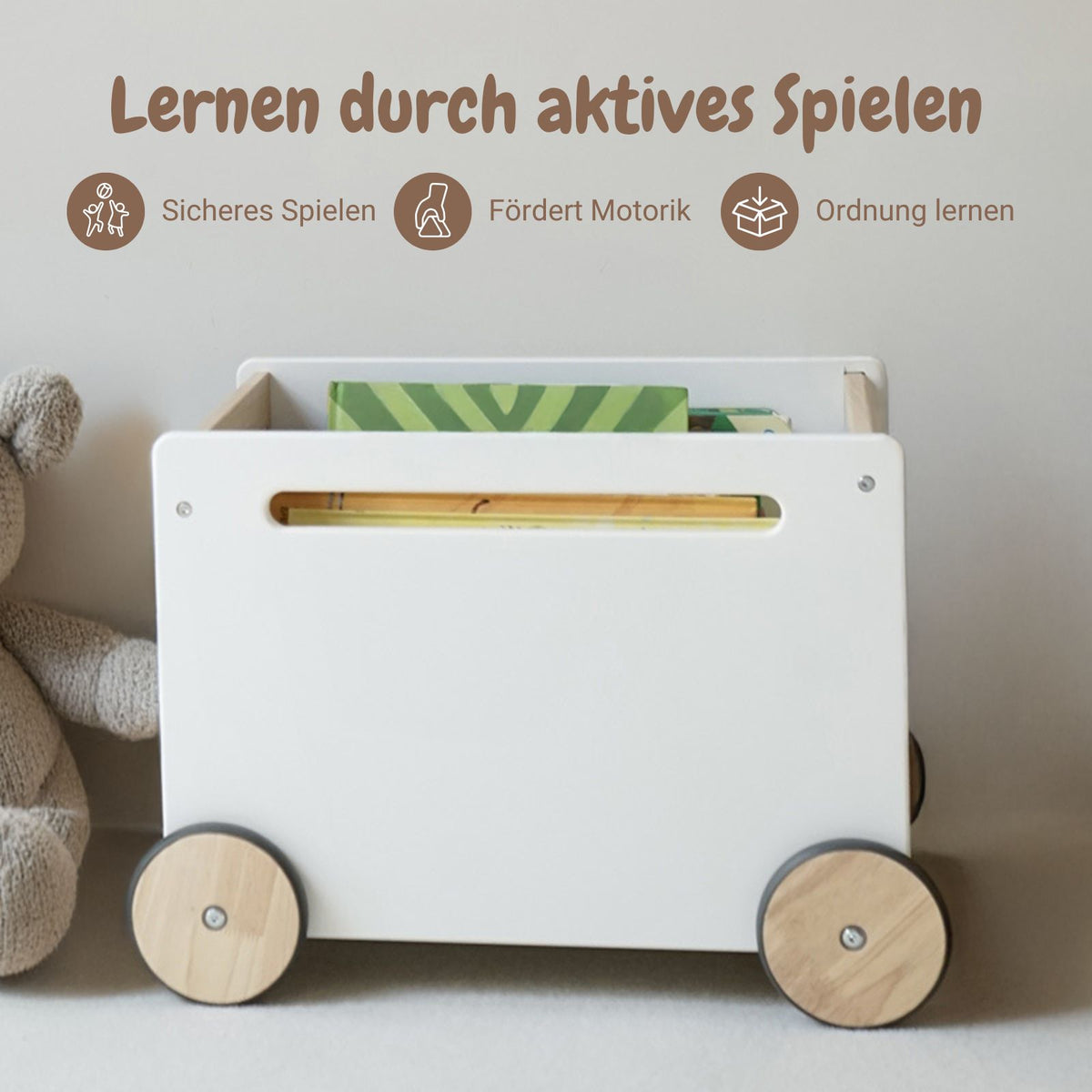 Spielzeugkiste auf Rollen Spielzeugwagen Bücherkiste Holz-Rollbox