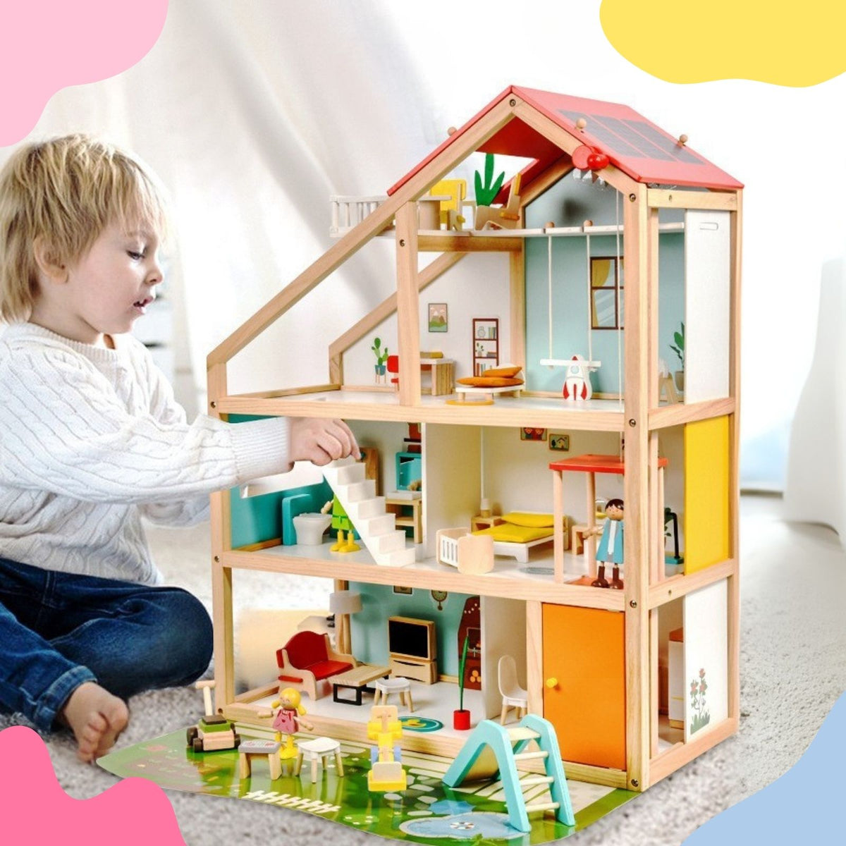 59-tlg. Holz-Puppenhaus mit Puppen Puppen-Villa mit Garten Spielhaus
