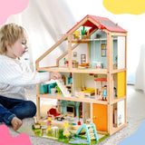 59-tlg. Holz-Puppenhaus mit Puppen Puppen-Villa mit Garten Spielhaus
