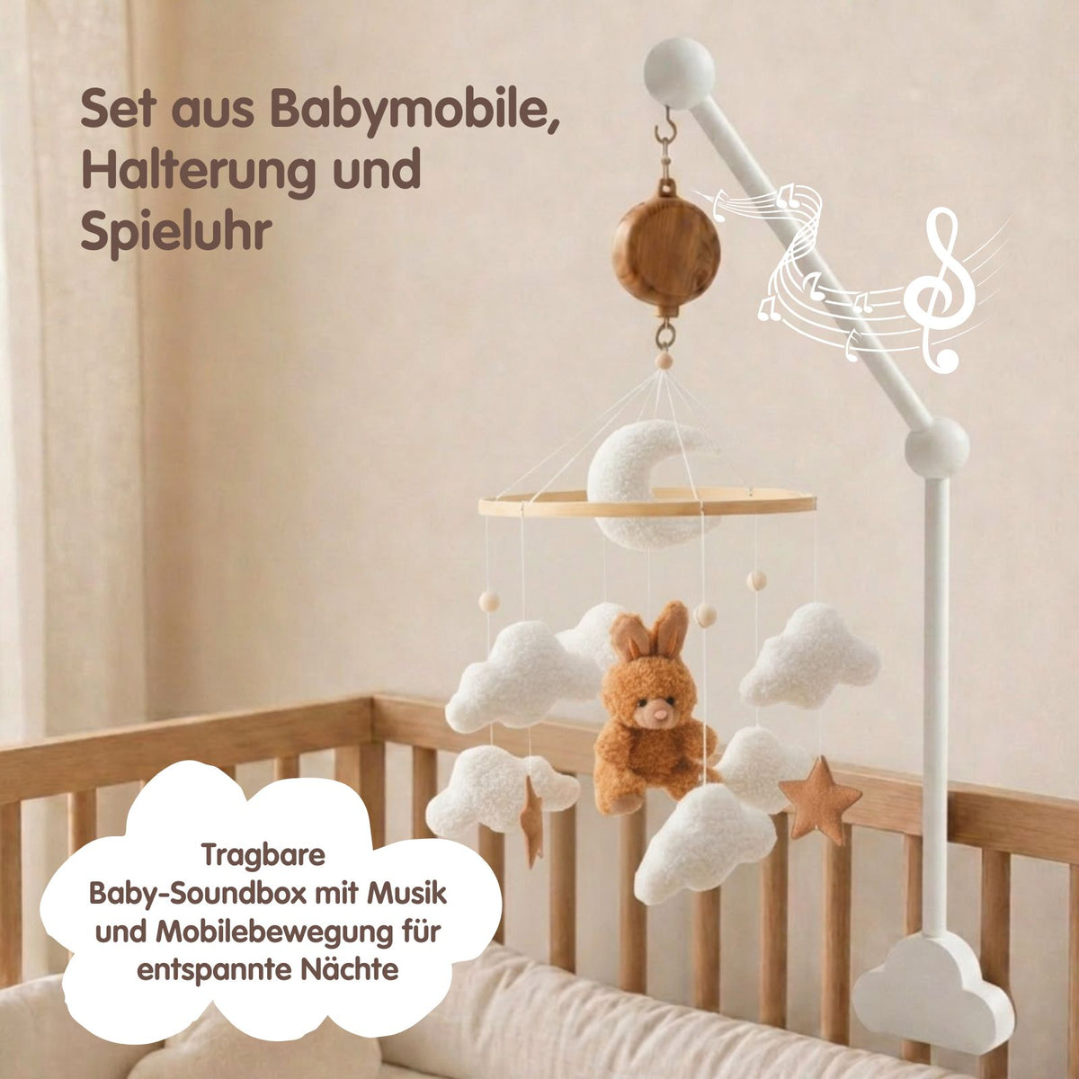 Mobile mit Halterung und Spieluhr Hase Braun Schlafbegleiter mit Musik