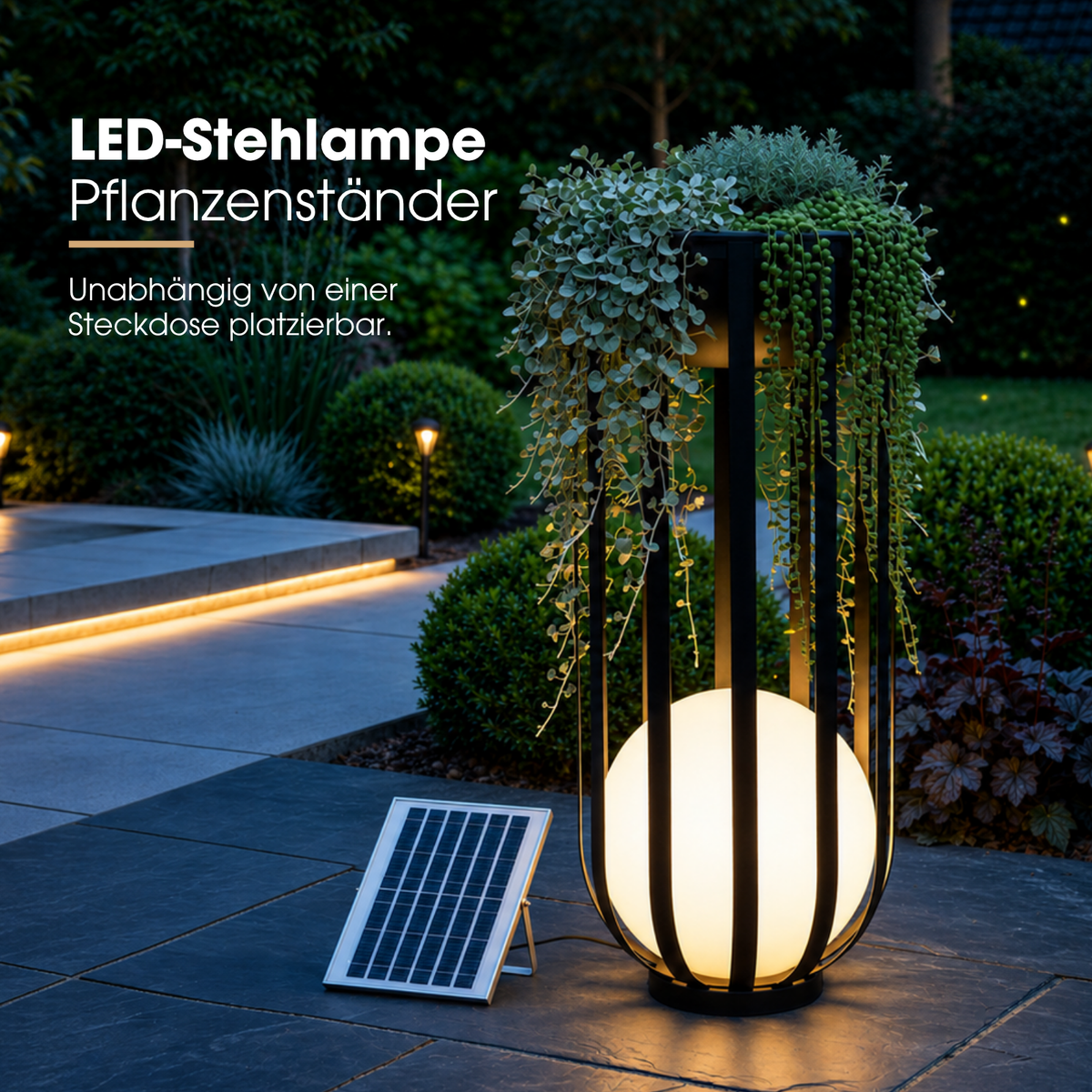 Solar LED-Stehlampe mit Pflanzenständer Design-Blumenständer Dekolicht