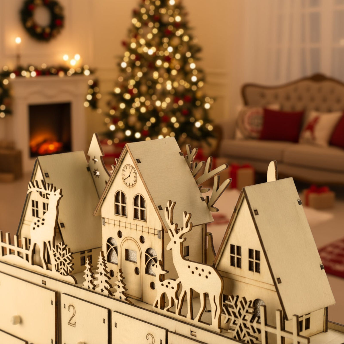Holz-Adventskalender Weihnachtskalender 24 Schubladen mit LED