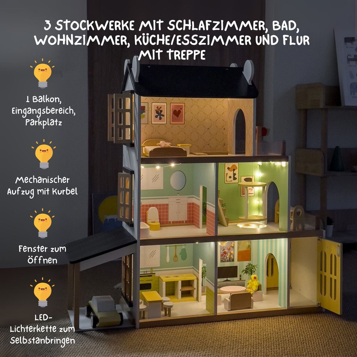 21-tlg. Holz-Puppenhaus mit Zubehör Spielhaus Kinderspielzeug Haus