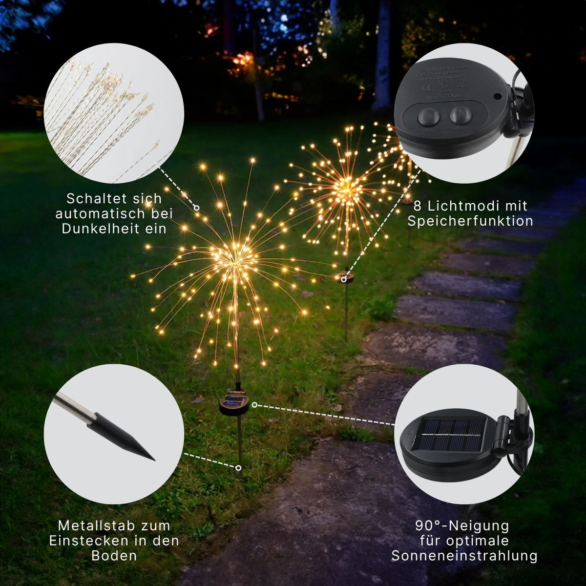 2er-Set LED Solar-Feuerwerkslichter Lichterkette Gartenleuchte Deko