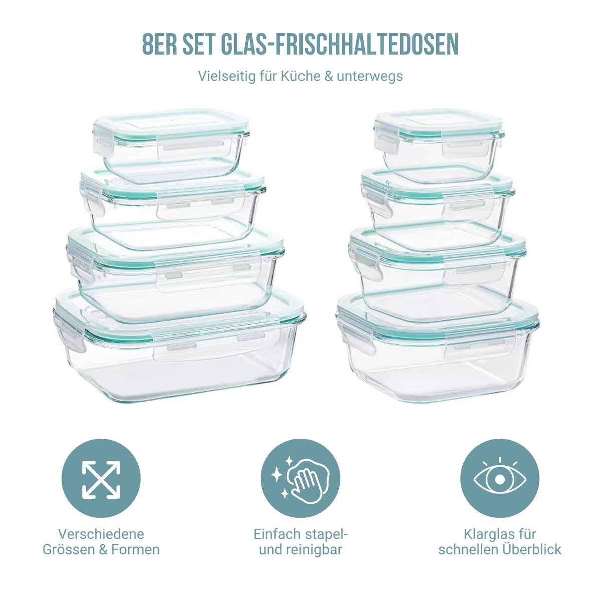 8er Set Glas-Vorratsdosen mit Deckel Frischhaltedosen Meal-Prep-Boxen