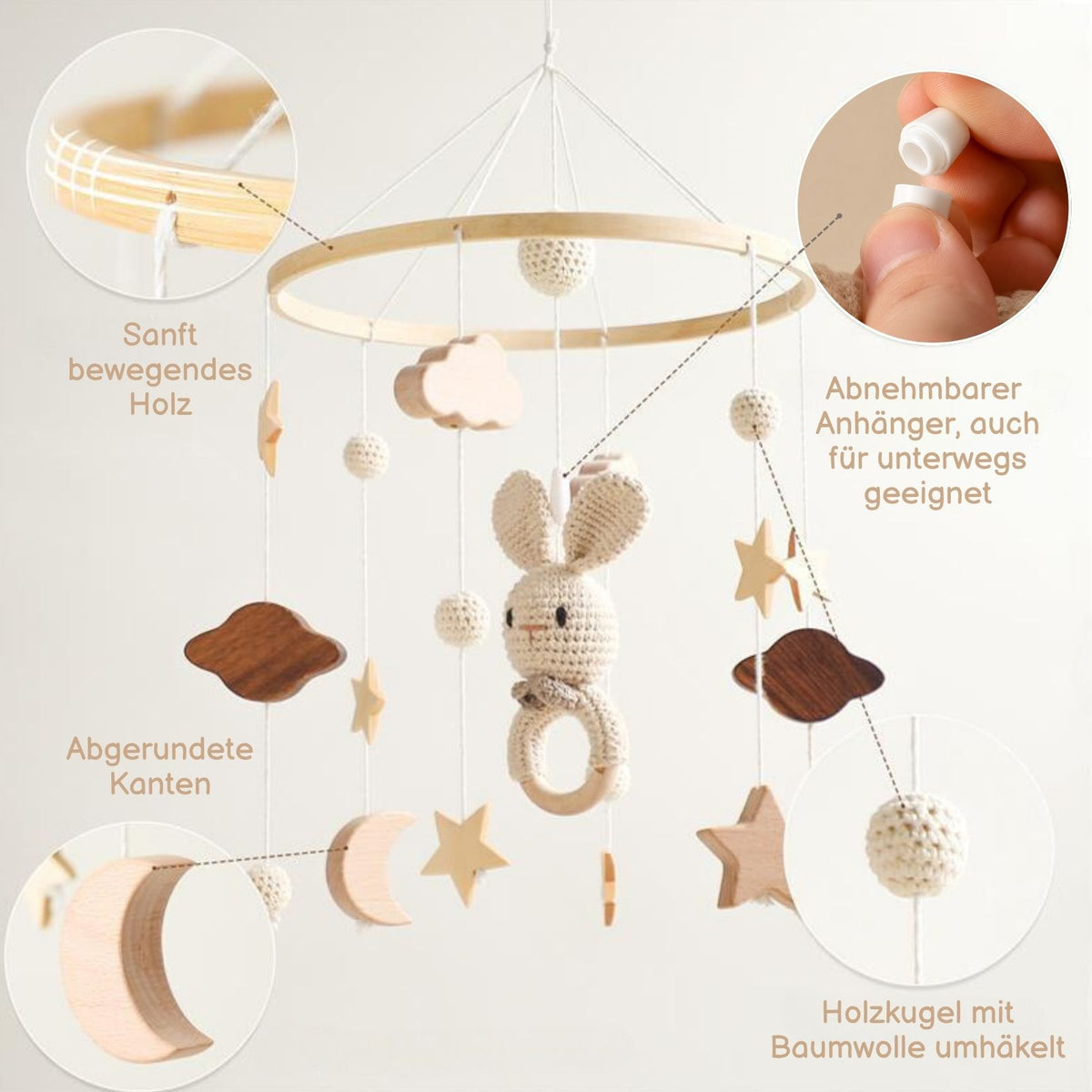Mobile mit Halterung und Spieluhr Hase Beige Einschlafhilfe mit Musik