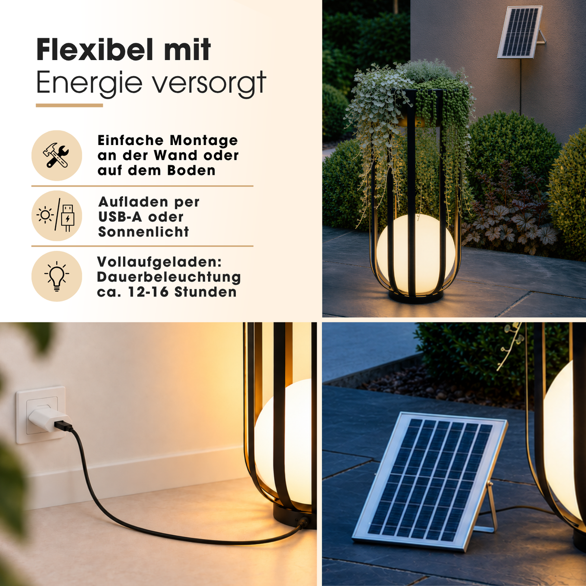 Solar LED-Stehlampe mit Pflanzenständer Design-Blumenständer Dekolicht