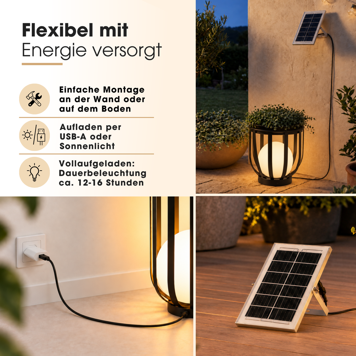 Solar LED-Stehlampe mit Pflanzenständer Dekolicht Design-Blumenständer