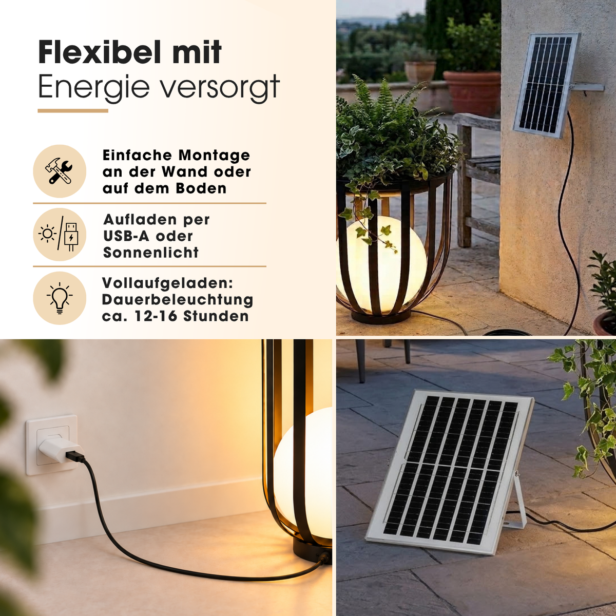 Solar LED-Stehlampe mit Pflanzenständer Dekolicht Design-Blumenständer