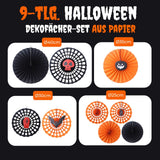 9-tlg. Set Halloween Dekofächer Papierrosetten Papierfächer Wabenfächer