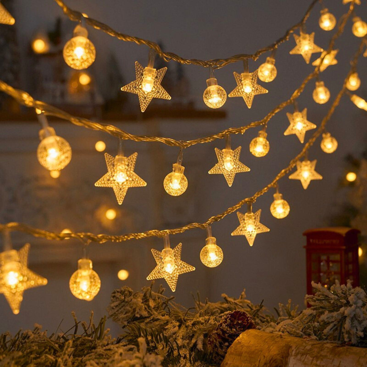 LED Kugel- und Sternenlichterkette 3m Dekolichterkette Kugeln Sterne