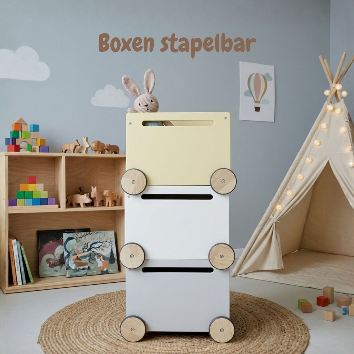 3er-Set Holz-Spielzeugkiste auf Rollen Bücherkiste Spielzeugtruhe