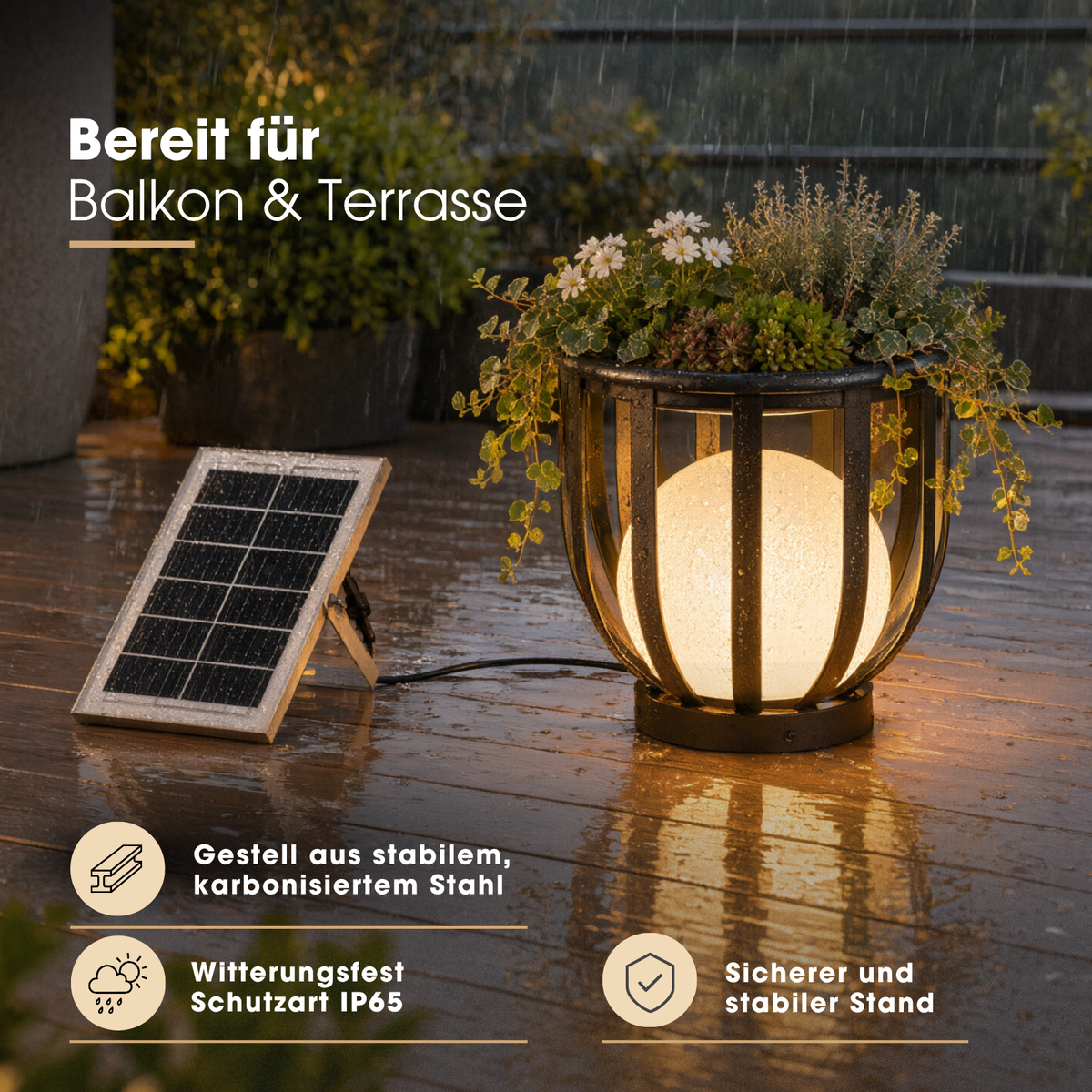 Solar LED-Stehlampe mit Pflanzenständer Dekolicht Design-Blumenständer