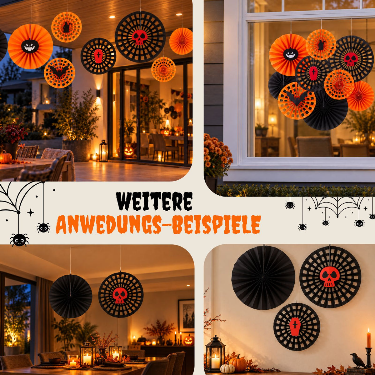 9-tlg. Set Halloween Dekofächer Papierrosetten Papierfächer Wabenfächer