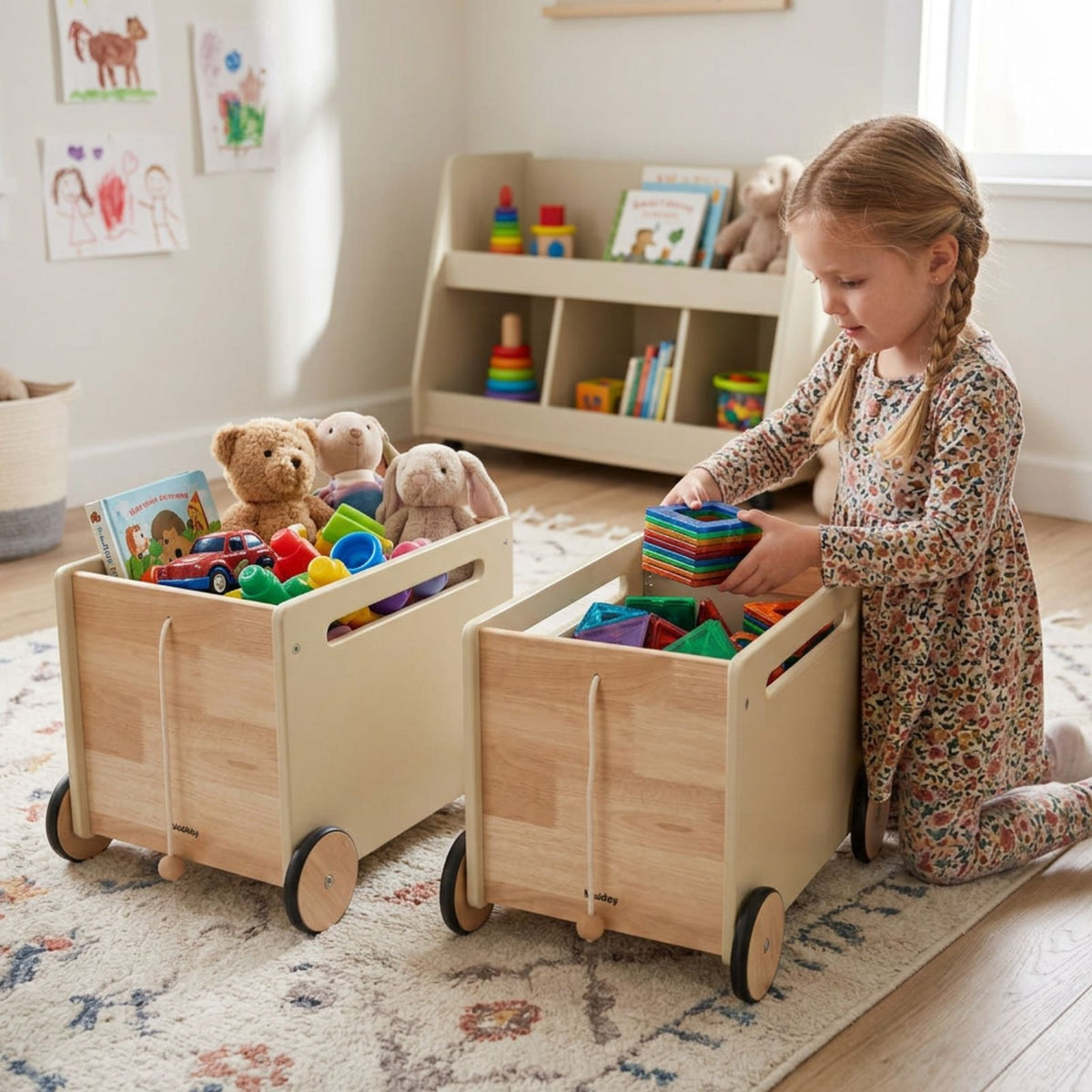 2er-Set Holz-Bücherkiste auf Rollen Spielzeugkiste Spielzeugtruhe